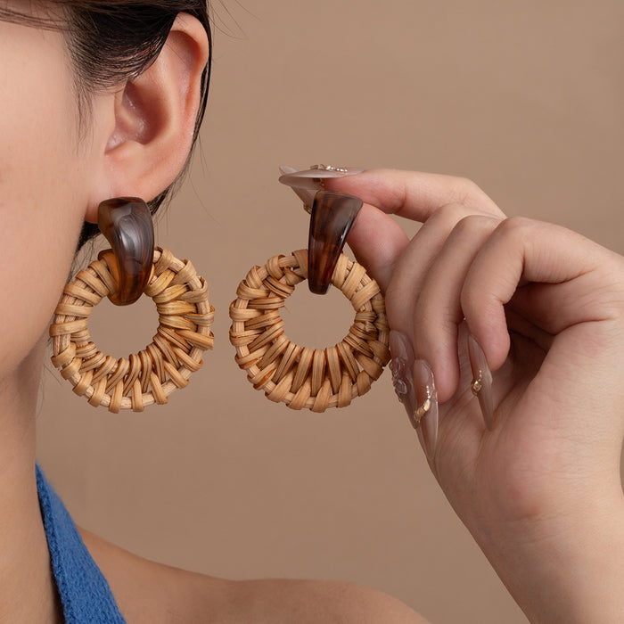 Bohemian Woven Rattan Hollow Round Hoop Acrylic Tortoise Stud Statement Vintage Drop Earrings