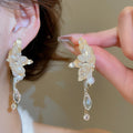 Elegant Alloy Butterfly Wing Drop Earrings With Rhinestone Freshwater Pearl Tassels view 2