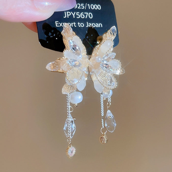 Elegant Alloy Butterfly Wing Drop Earrings With Rhinestone Freshwater Pearl Tassels