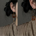 Vintage Ethnic Tiger Eye Resin Round Asymmetric Pendant Drop Earrings With Silver Pins view 2