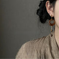 Vintage Ethnic Tiger Eye Resin Round Asymmetric Pendant Drop Earrings With Silver Pins view 4