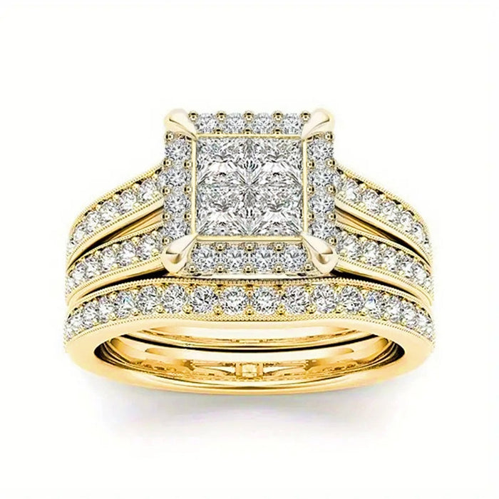 Two Piece Square Geometric Couple Rings For Women, Micro Inlaid Zircon Elegant Jewelry Set