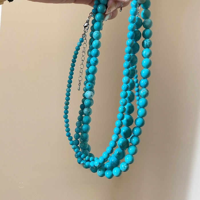 European Style Alloy Turquoise Beaded Round Geometric Clavicle Necklace For Women