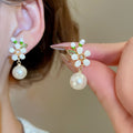 18K Gold Plated Silver Pin Zircon Flower Faux Pearl Drop Earrings Sweet Geometric Design view 4