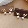 18K Gold Plated Silver Pin Zircon Flower Faux Pearl Drop Earrings Sweet Geometric Design view 3