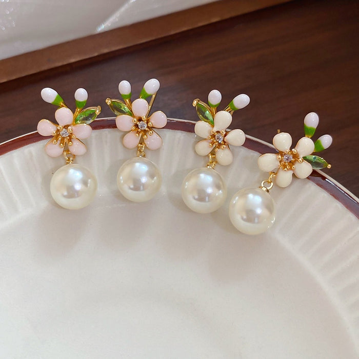 18K Gold Plated Silver Pin Zircon Flower Faux Pearl Drop Earrings Sweet Geometric Design