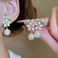 18K Gold Plated Silver Pin Zircon Flower Faux Pearl Drop Earrings Sweet Geometric Design view 2