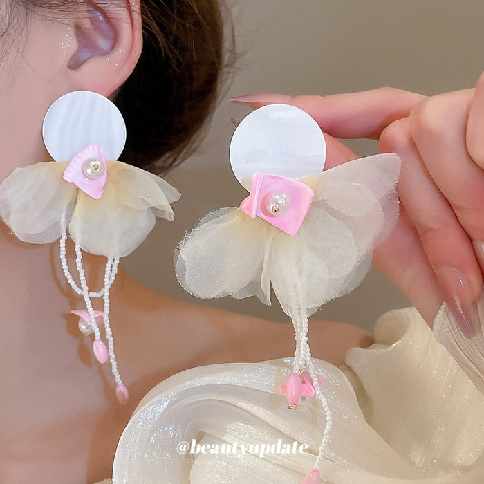 Sweet Floral Geometric Drop Earrings With Shell, Chiffon Flower, Pearl Tassel And Crystal Accents