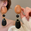 Vintage Wood Bead Oval Teardrop Pendant Drop Earrings With Silver Needle Posts view 2