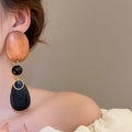 Vintage Wood Bead Oval Teardrop Pendant Drop Earrings With Silver Needle Posts view 4