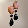 Vintage Wood Bead Oval Teardrop Pendant Drop Earrings With Silver Needle Posts view 1