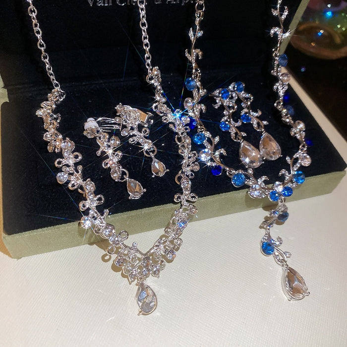 Light Luxury Alloy Rhinestone Flower Hollow Teardrop Drop Earrings Necklace Jewelry Set