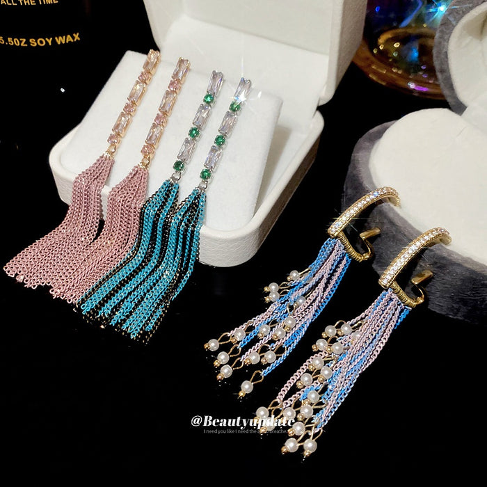 Vintage Court Style Heart Zircon Pearl Chain Tassel Drop Earrings With Silver Pins