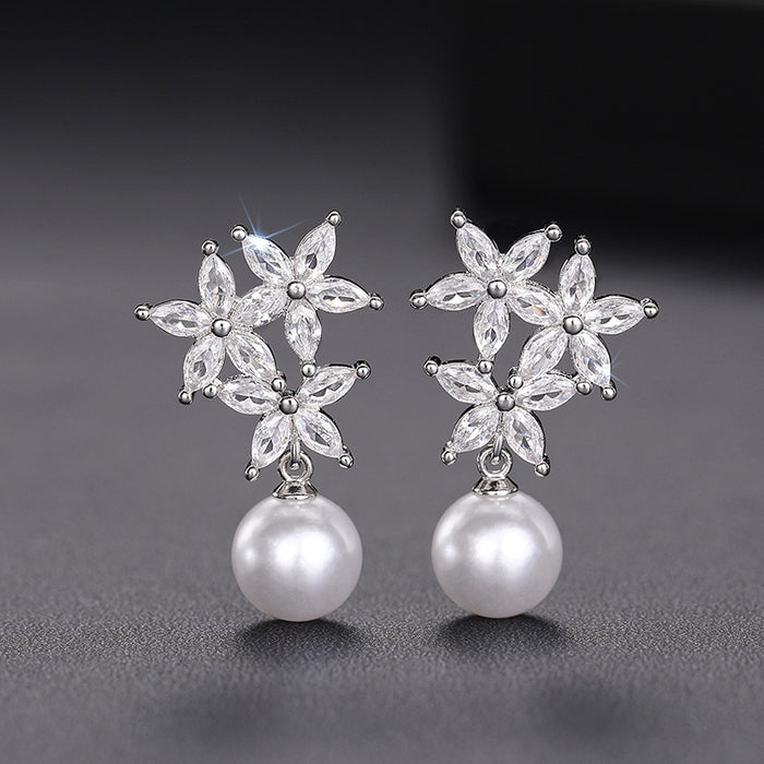 Women's Flower Drop Earrings With Faux Pearl, Princess Wedding Evening Dress Jewelry