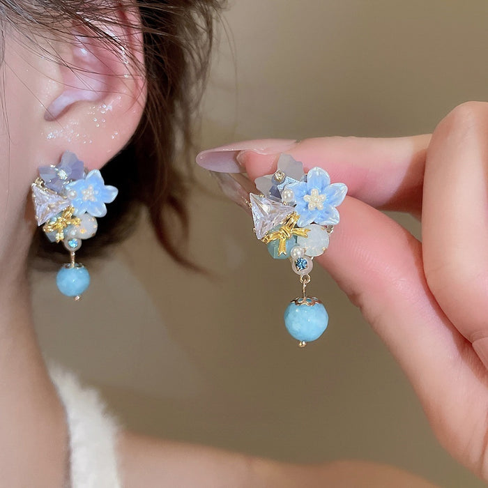 Silver Pin Zirconia Resin Flower Crystal Pendant Drop Earrings, Fresh Sweet Light Luxury Style