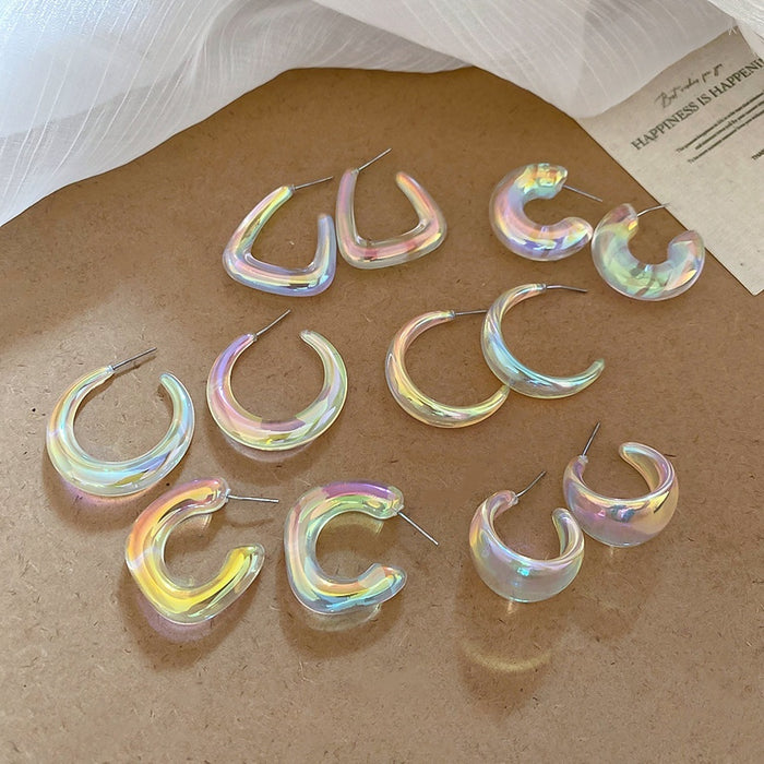 Silver Needle Acrylic Geometric Iridescent Round C Shape Stud Earrings For Women