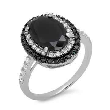 Black Oval Crystal Double Halo Ring in Silver Tone