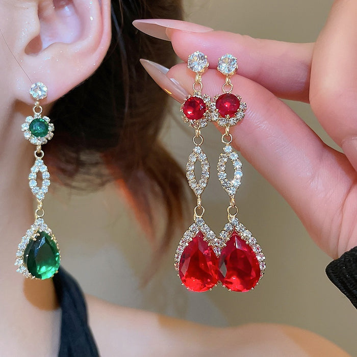 Light Luxury Copper Rhinestone Geometric Teardrop Pendant Drop Earrings For Women