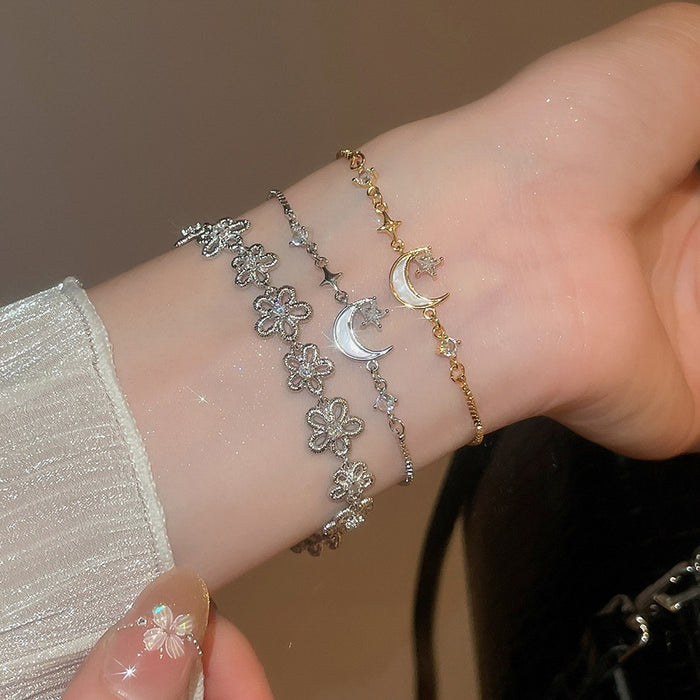 18K Gold Plated Copper Moon Pendant Bangle With Zircon Mother Of Pearl Floral Charm For Women