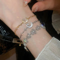 18K Gold Plated Copper Moon Pendant Bangle With Zircon Mother Of Pearl Floral Charm For Women view 3