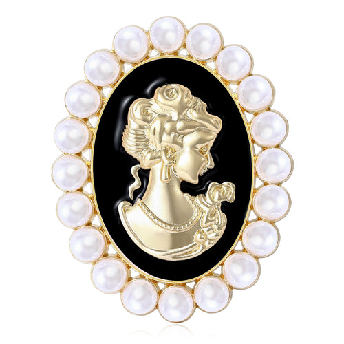 Enamel Alloy Pearl Lady Head Brooch Pin With Rhinestone Decoration