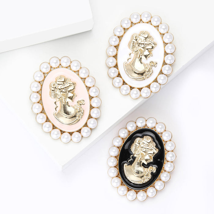 Enamel Alloy Pearl Lady Head Brooch Pin With Rhinestone Decoration