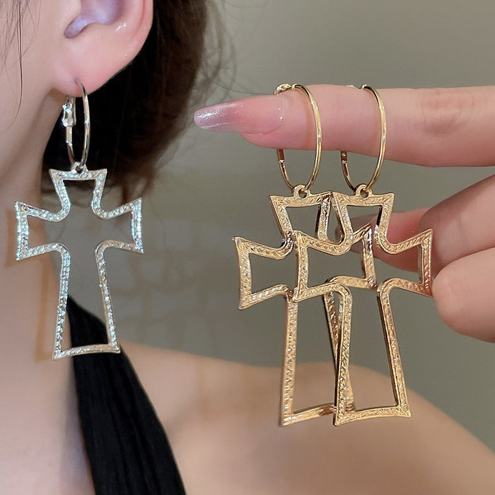 Light Luxury Alloy Hoop Earrings With Crinkled Hollow Cross Pendant For Women