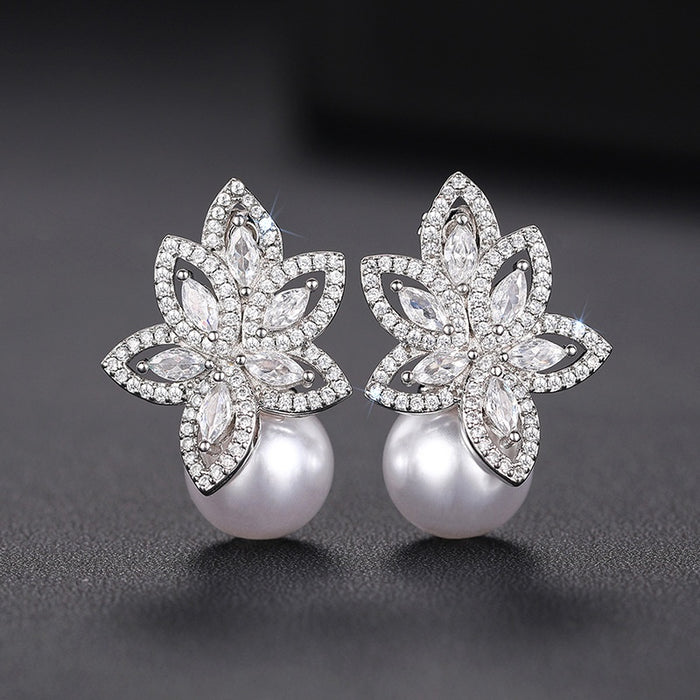 Faux Pearl Flower Marquise Drop Earrings, Light Luxury Design Jewelry For Women