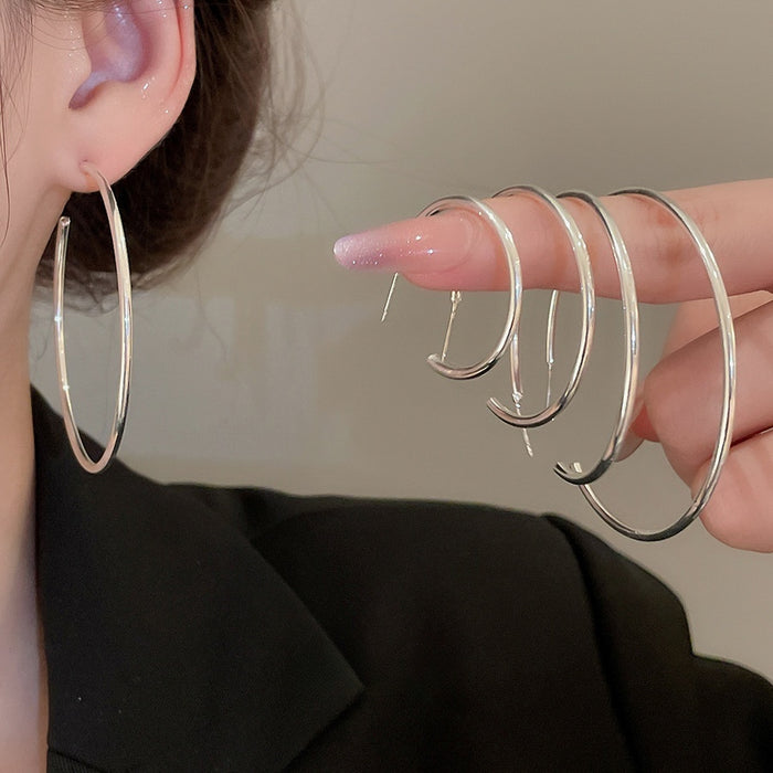 Copper Geometric Round C Shape Hoop Earrings With Silver Posts Minimalist Fashion Jewelry