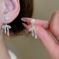 Light Luxury Faux Pearl Bow Zircon Square Pendant Drop Earrings With Silver Posts view 4