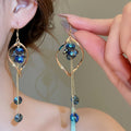 Multi Material Twisted Geometric Round Crystal Tassel Drop Earrings French Court Style Ear Hooks view 2