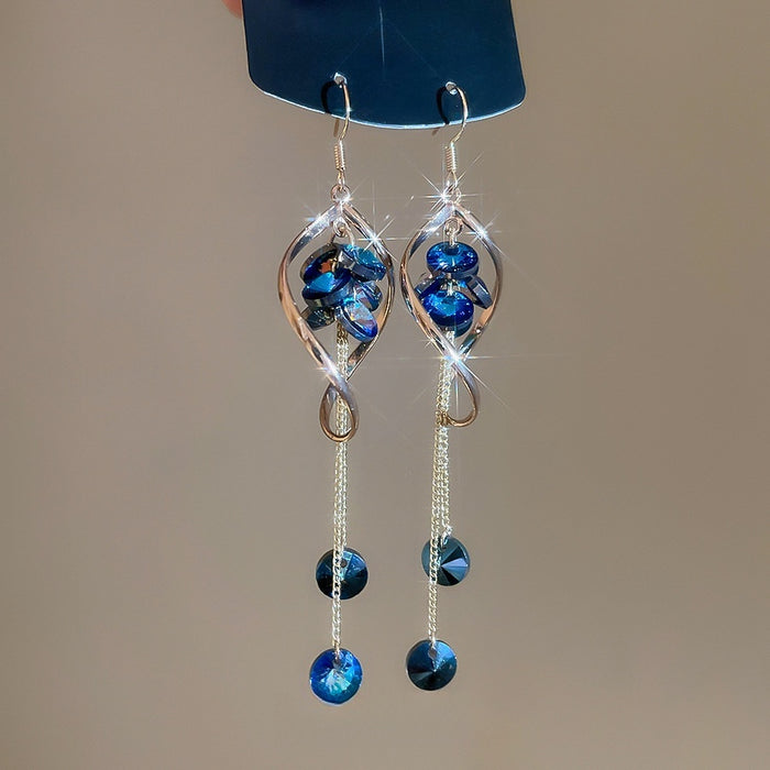 Multi Material Twisted Geometric Round Crystal Tassel Drop Earrings French Court Style Ear Hooks