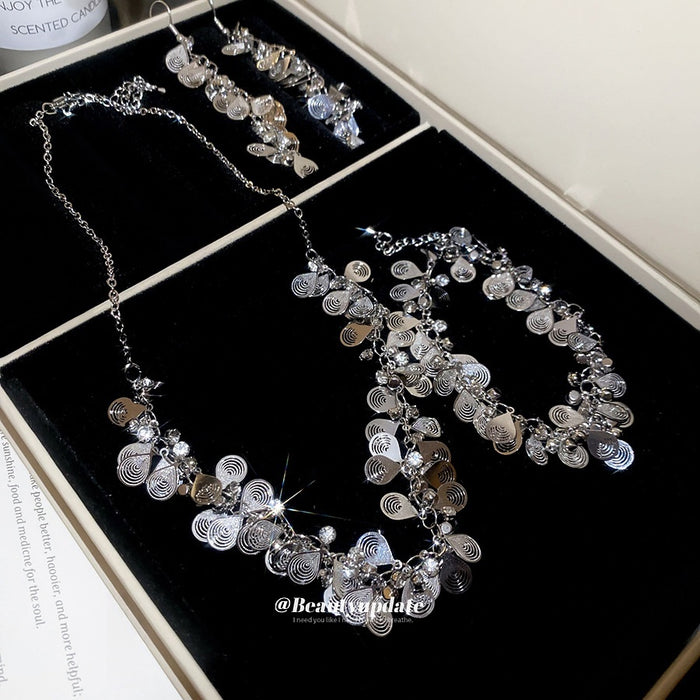 Light Luxury Metal Teardrop Rhinestone Tassel Jewelry Set With Necklace Bracelet And Ear Hooks