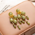 Vintage Luxury Green Acrylic Gemstone Tassel Drop Gold Alloy Palace Style Statement Stud Earrings view 4