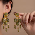 Vintage Luxury Green Acrylic Gemstone Tassel Drop Gold Alloy Palace Style Statement Stud Earrings view 1