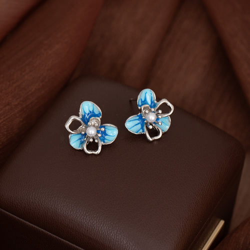 Elegant Blue Enamel Flower Pearl Stud Earrings With Silver Needle Alloy Rhinestone Fashion Earrings