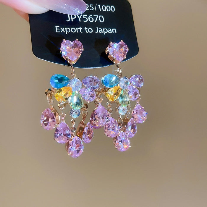 Copper Heart Waterdrop Tassel Drop Earrings With Sparkling Zircon Silver Posts Light Luxury Style