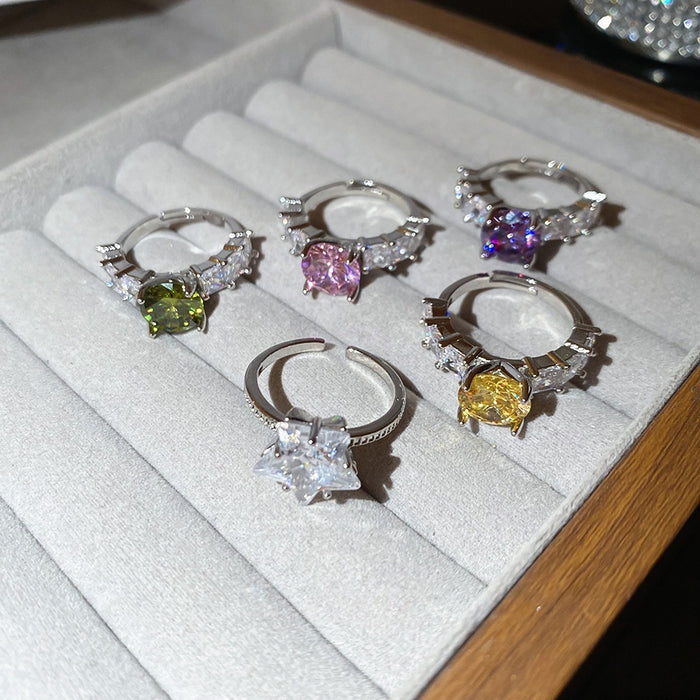 Light Luxury Copper Zircon Star Geometric Square Round Open Index Finger Ring