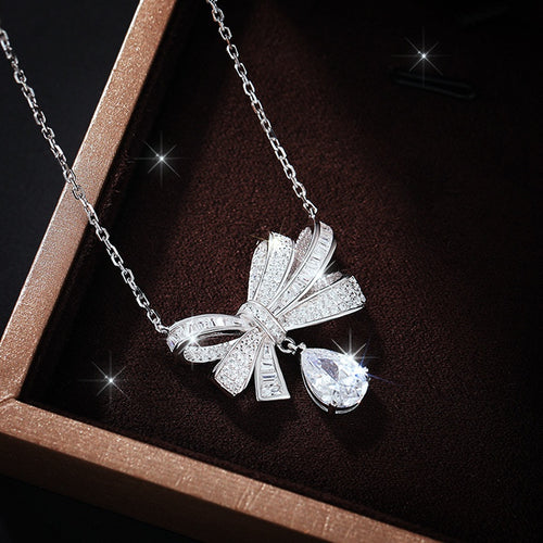 European American Bowknot Necklace For Women Light Luxury Water Drop Pendant Jewelry