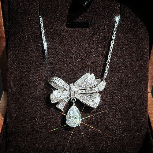 European American Bowknot Necklace For Women Light Luxury Water Drop Pendant Jewelry