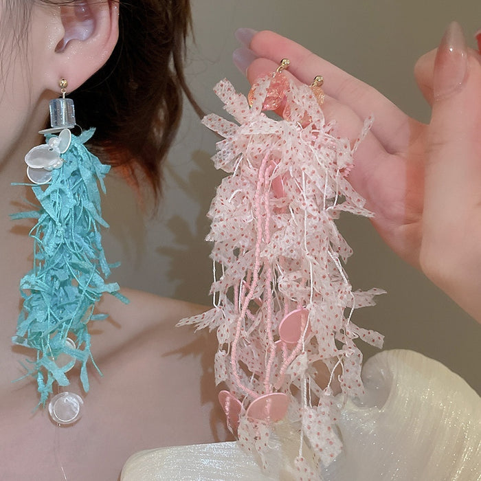 Fairy Style Mixed Material Resin Glass Shell Floral Tassel Drop Earrings With Silver Pins