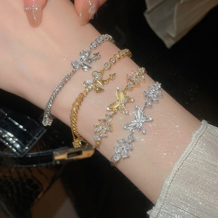 18K Gold Plated Copper Butterfly Zircon Pendant Bangle, Light Luxury Women's Jewelry