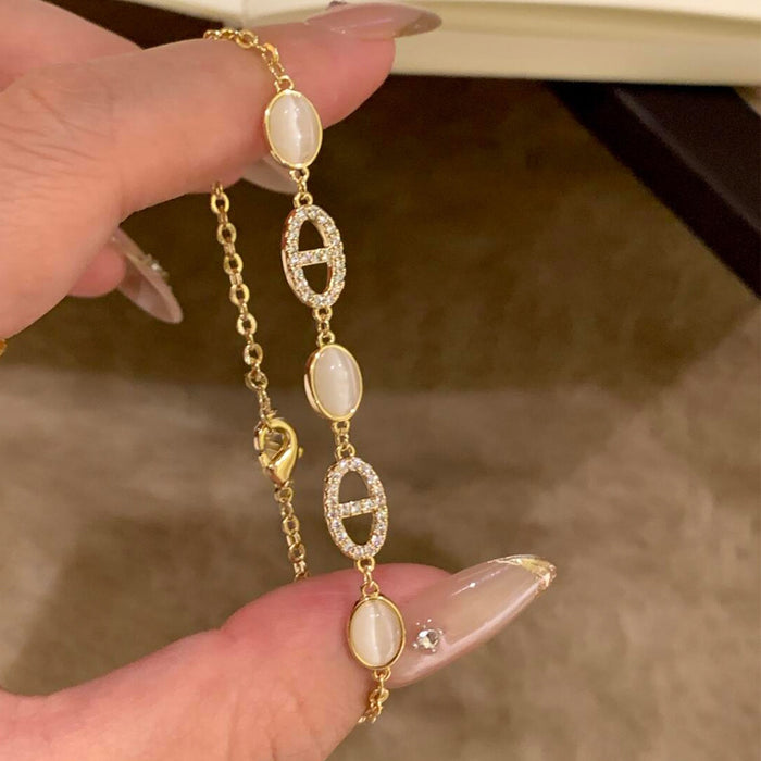 Cat Eye Stone Bangle With Zircon Oval Pig Nose Pendant, Elegant Court Style Geometric Jewelry