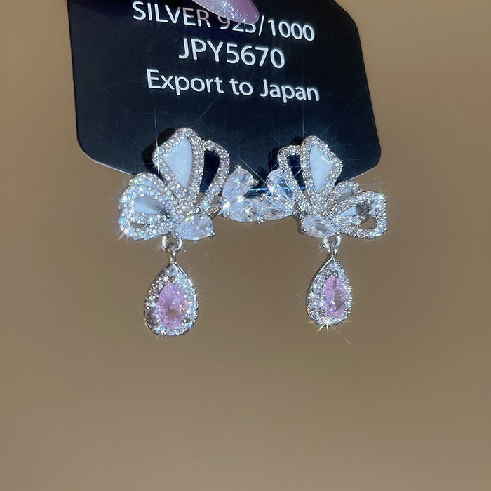 Light Luxury Copper Zircon Butterfly Hollow Teardrop Drop Earrings For Women