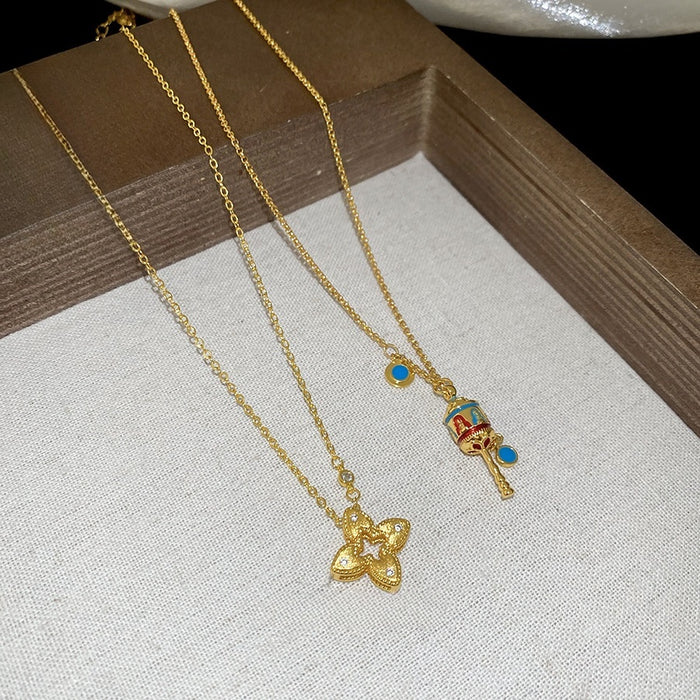 Zircon Hollow Flower Rattle Drum Pendant Copper Necklace For Women Light Luxury Collarbone Style