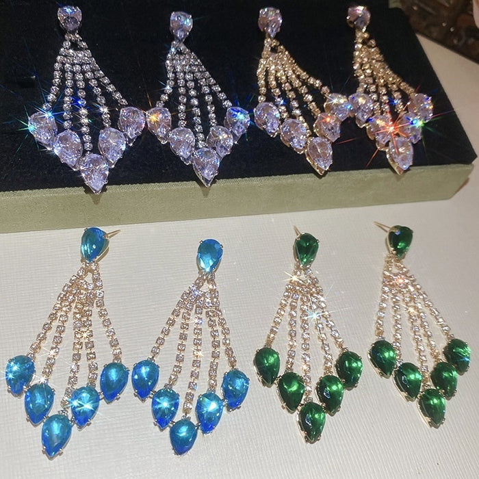 Light Luxury Copper Zircon Teardrop Tassel Drop Earrings With Silver Pins