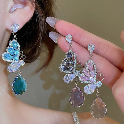 Light Luxury Copper Zircon Butterfly Hollow Teardrop Pendant Drop Earrings For Women