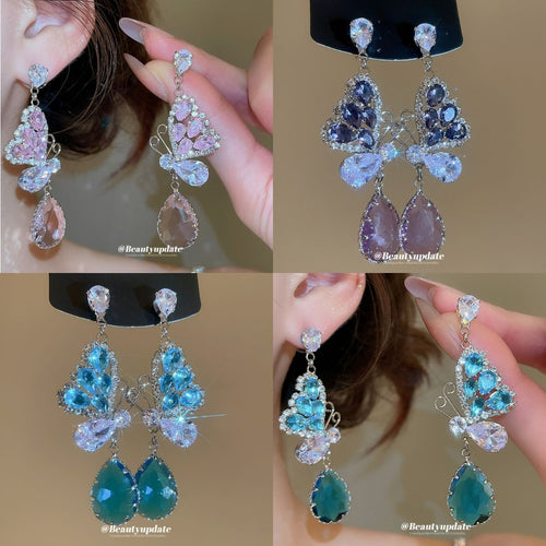 Light Luxury Copper Zircon Butterfly Hollow Teardrop Pendant Drop Earrings For Women