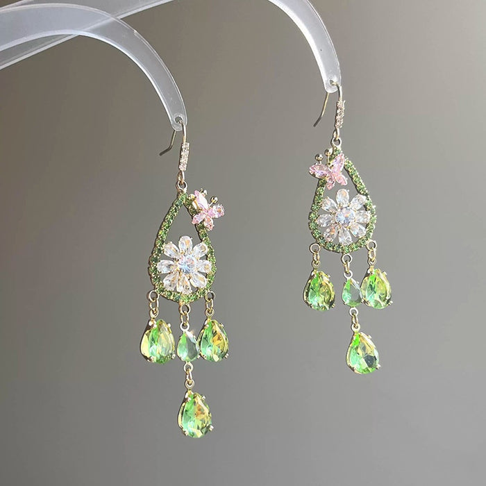 Copper Zircon Butterfly Floral Hollow Teardrop Drop Earrings, Light Luxury Forest-Inspired Style