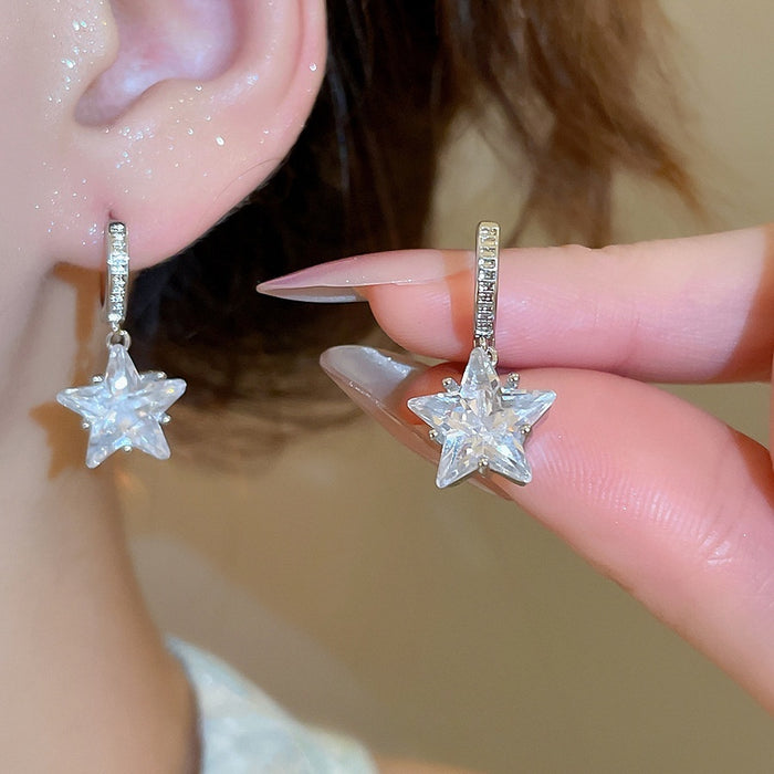 Sparkling Zircon Star Pendant Copper Drop Earrings, Light Luxury Minimalist Fashion Ear Jewelry